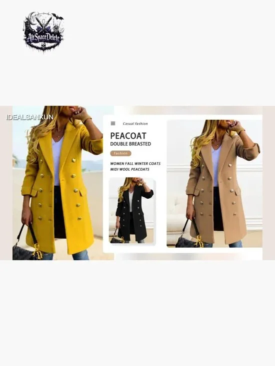 Wool Pea Coat Double Breasted Trench Midi Length Fall Winter - Picture 5 of 5